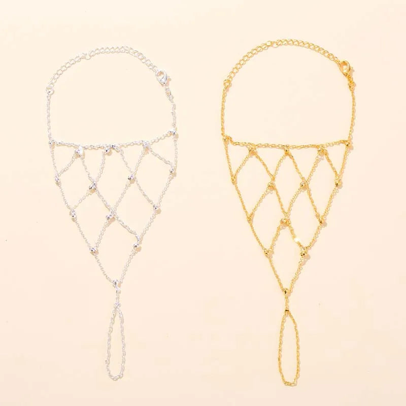 Women’s Bohemian Gold-Tone Mesh Hand Chain Bracelet – Rhinestone Beaded Ring Bracelet for Weddings