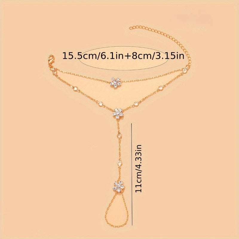 Women’s Sparkling Zircon Flower Double-Layer Hand Chain Bracelet – Adjustable Ring Bracelet Jewelry