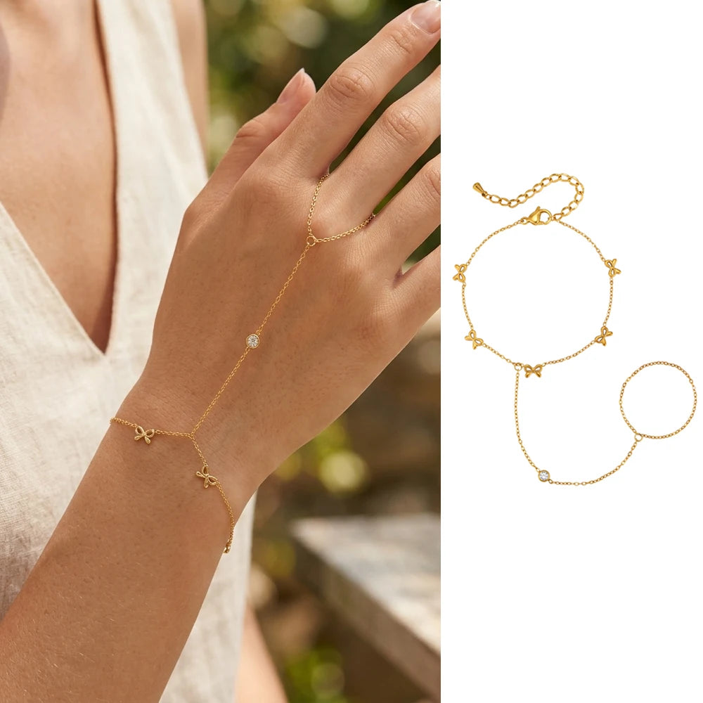 Women’s 18K Gold-Plated Ring Bracelet Hand Chain – Waterproof Beaded Bohemian Jewelry