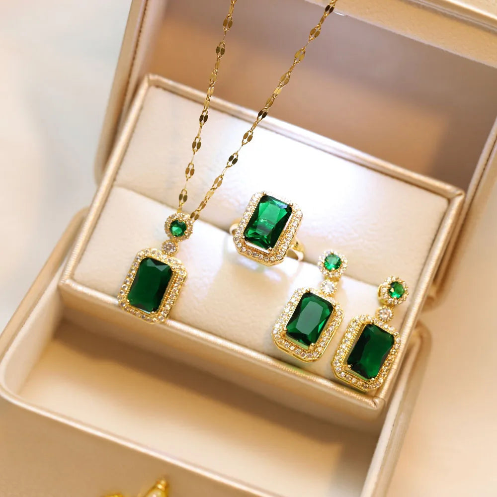 4-Piece Women’s Square Rhinestone Jewelry Set – Necklace, Earrings & Ring for Bridal Weddings