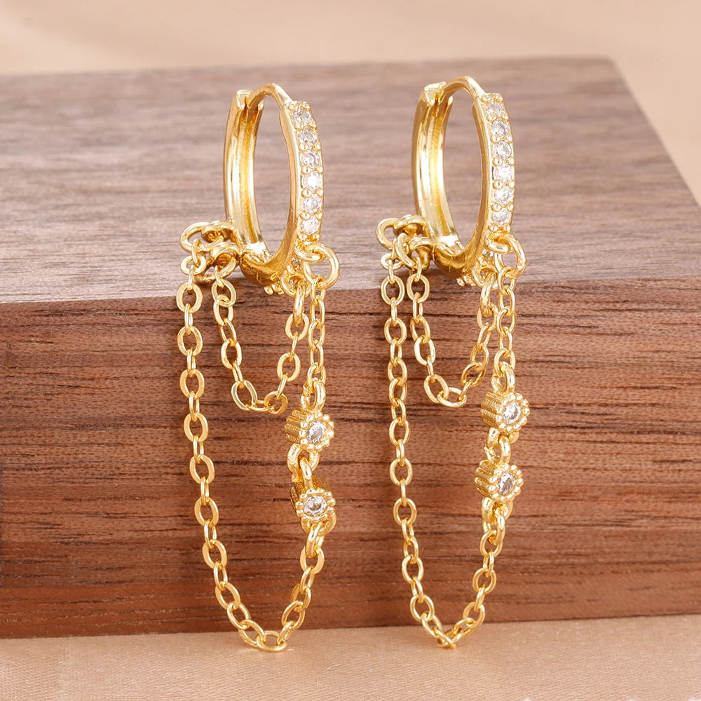 Women’s 14K Gold-Plated Crystal Water Drop Chain Earrings – Stainless Steel Dangle Jewelry