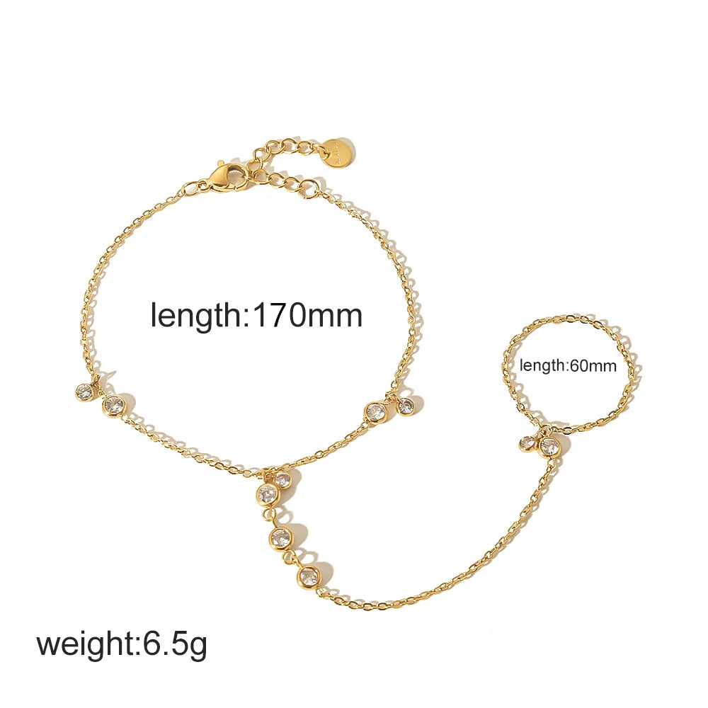 Women’s 18K Gold-Plated Zircon Ring Bracelet – Waterproof Stainless Steel Hand Chain Jewelry