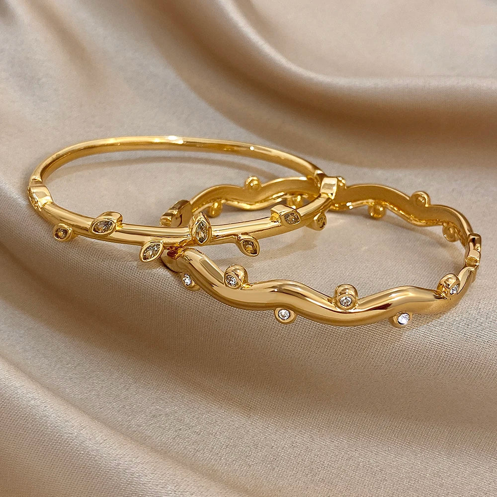 Women’s 18K Gold-Plated Rhinestone Leaf Wave Cuff Bracelet – Water-Resistant Jewelry