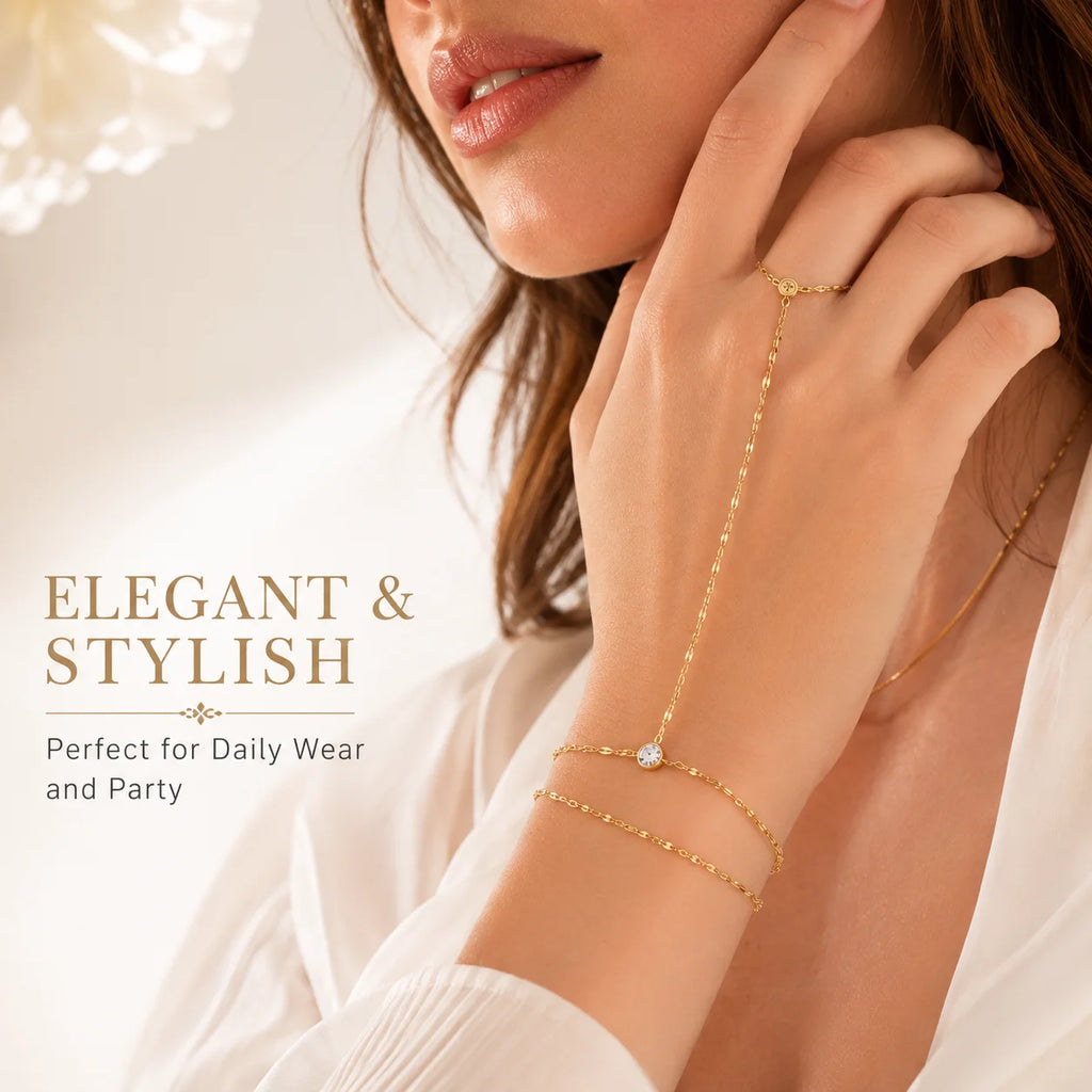 Women’s Gold-Plated Double-Layer Hand Chain Bracelet – Adjustable Ring Bracelet Jewelry