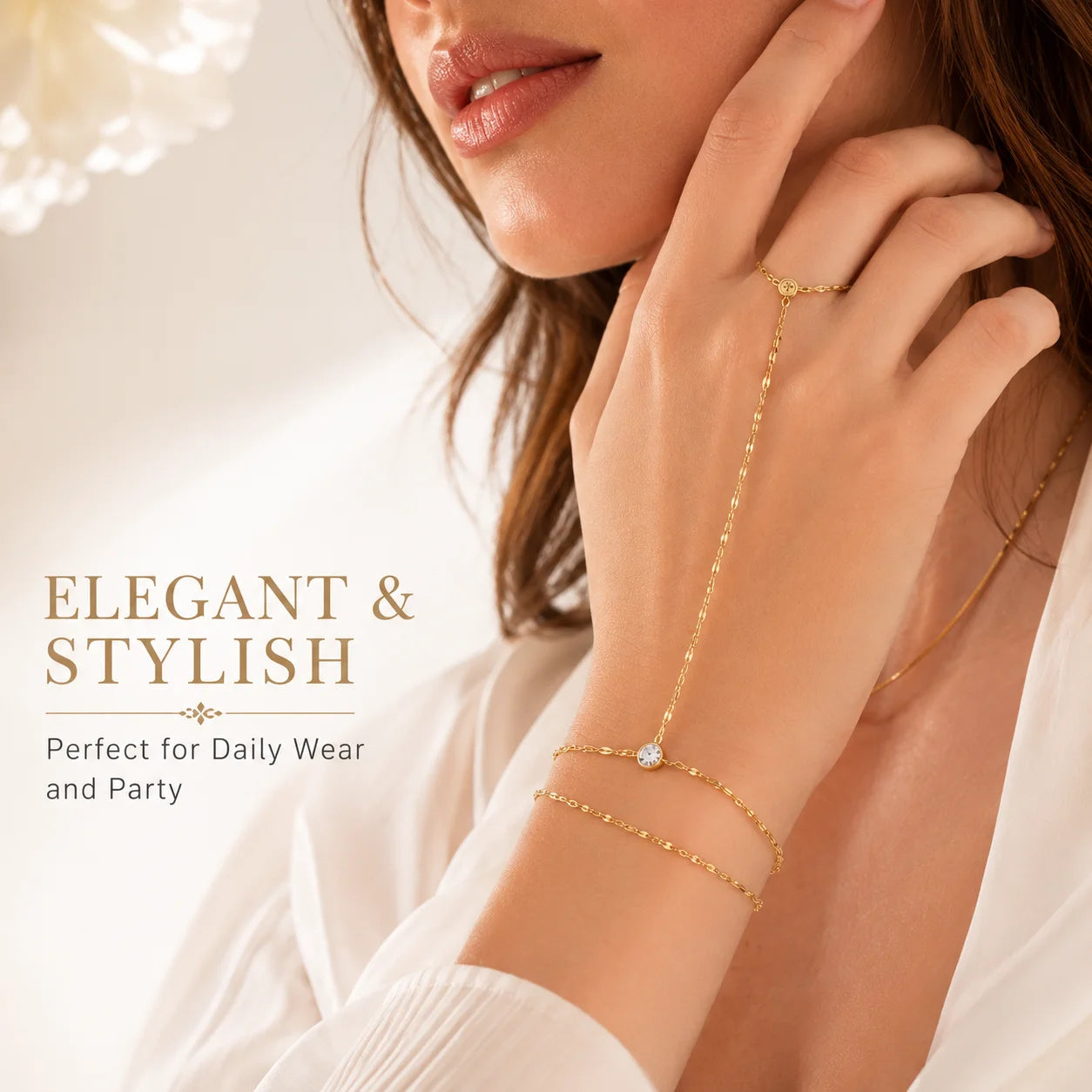 Women’s Gold-Plated Double-Layer Hand Chain Bracelet – Adjustable Ring Bracelet Jewelry