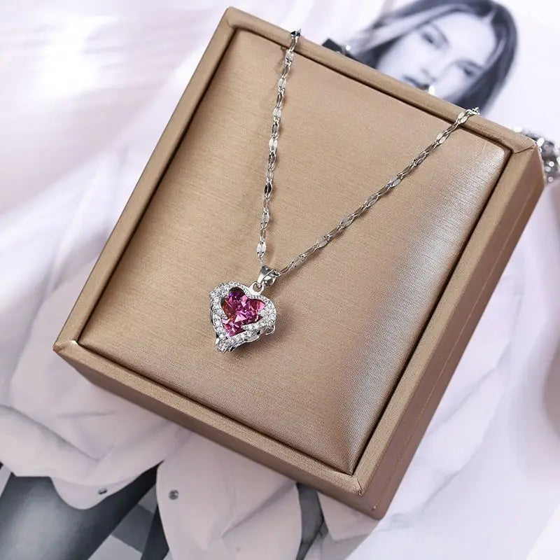 Colorful Crystal Ocean Heart Pendant Necklace for Women