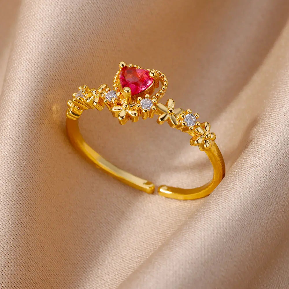 Women’s Adjustable Zircon Heart Ring – Elegant Stainless Steel Wedding Jewelry