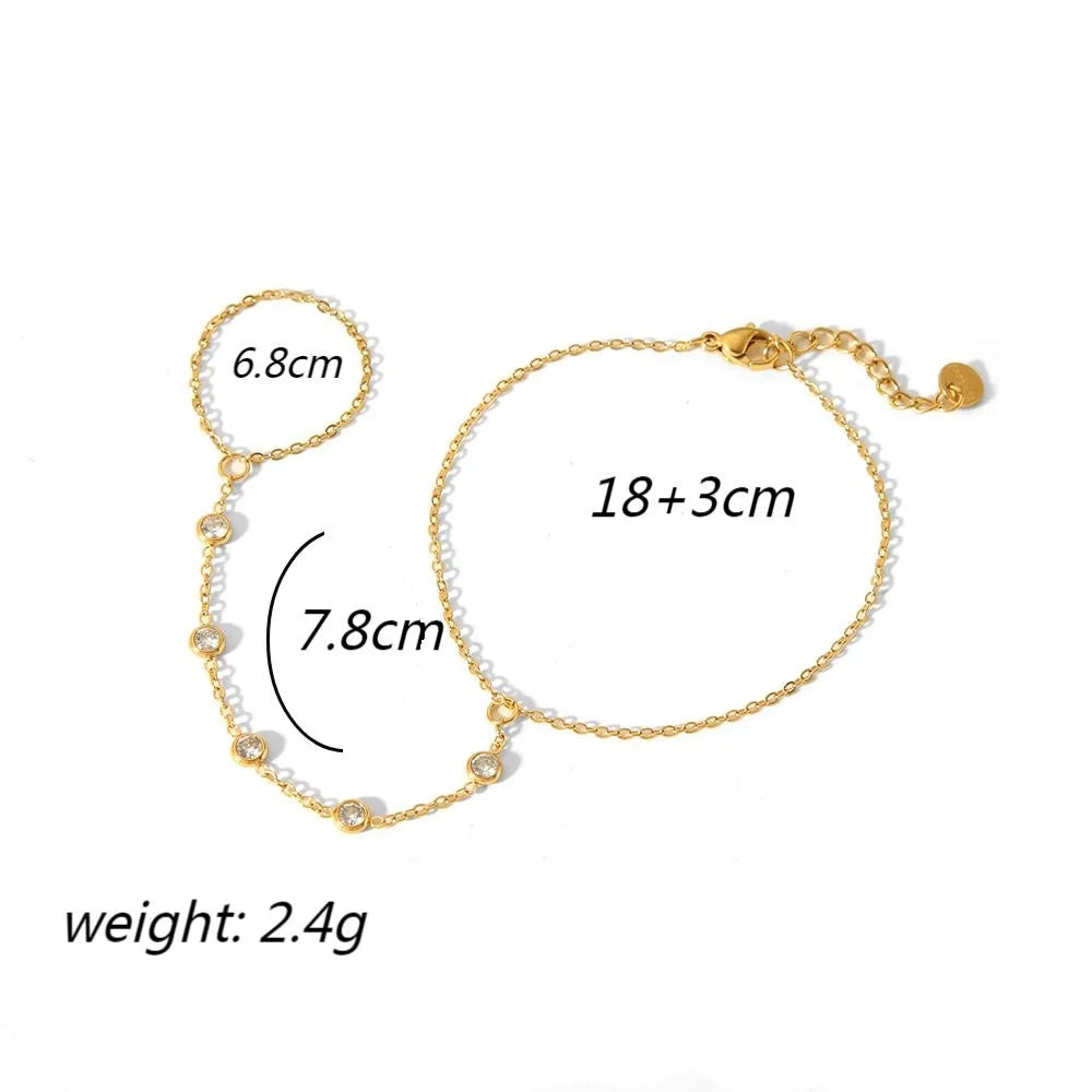 Women’s 18K Gold-Plated Zircon Ring Bracelet – Waterproof Stainless Steel Hand Chain Jewelry
