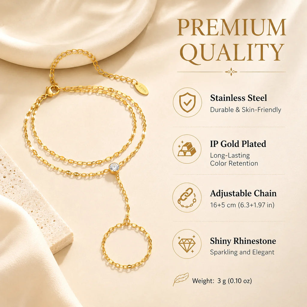 Women’s Gold-Plated Double-Layer Hand Chain Bracelet – Adjustable Ring Bracelet Jewelry