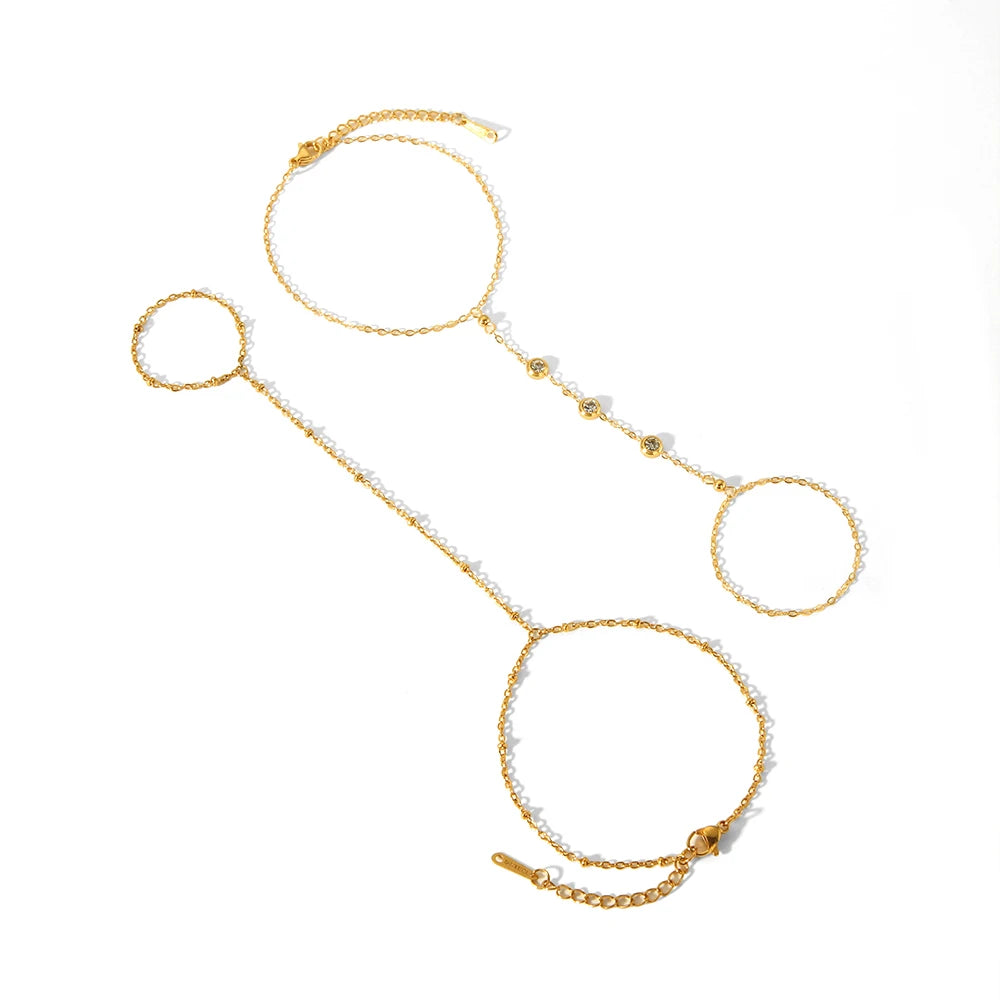 Women’s 18K Gold-Plated Zircon Ring Bracelet – Waterproof Stainless Steel Hand Chain Jewelry