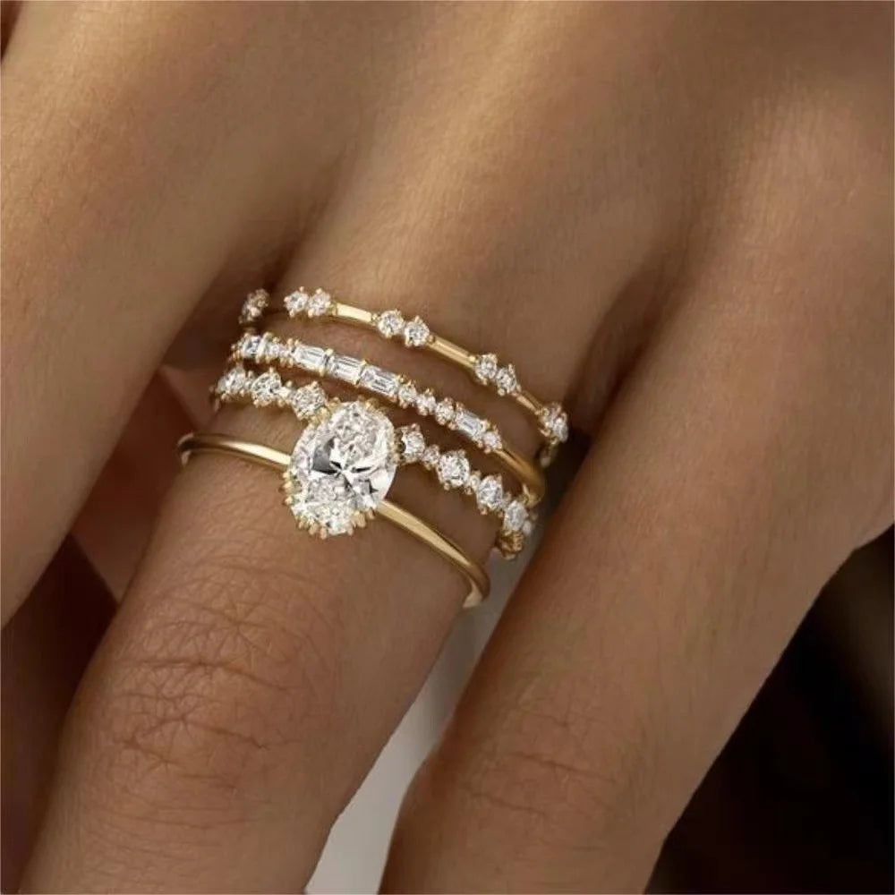 Women’s Gold-Plated Statement Ring Set with Large Cubic Zirconia – Elegant Copper Jewelry