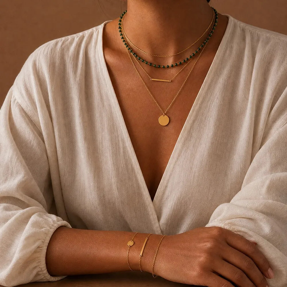Green Beaded Layered Necklace Set with Disc & Bar Pendants – Gold-Tone Stainless Steel