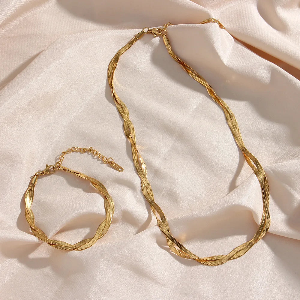 Women’s Gold-Plated Braided Herringbone Necklace & Bracelet Set – Water-Resistant Jewelry
