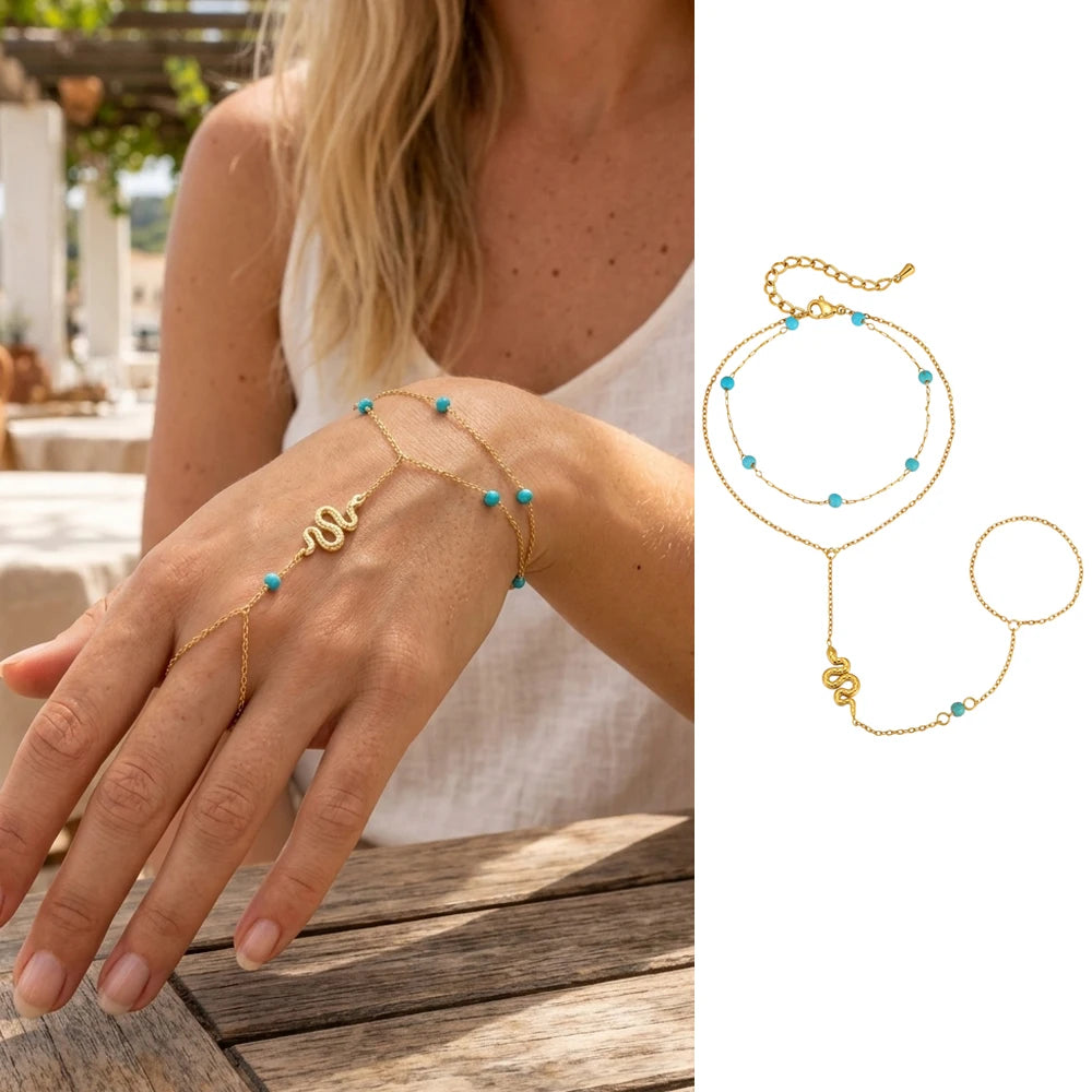 Women’s 18K Gold-Plated Ring Bracelet Hand Chain – Waterproof Beaded Bohemian Jewelry