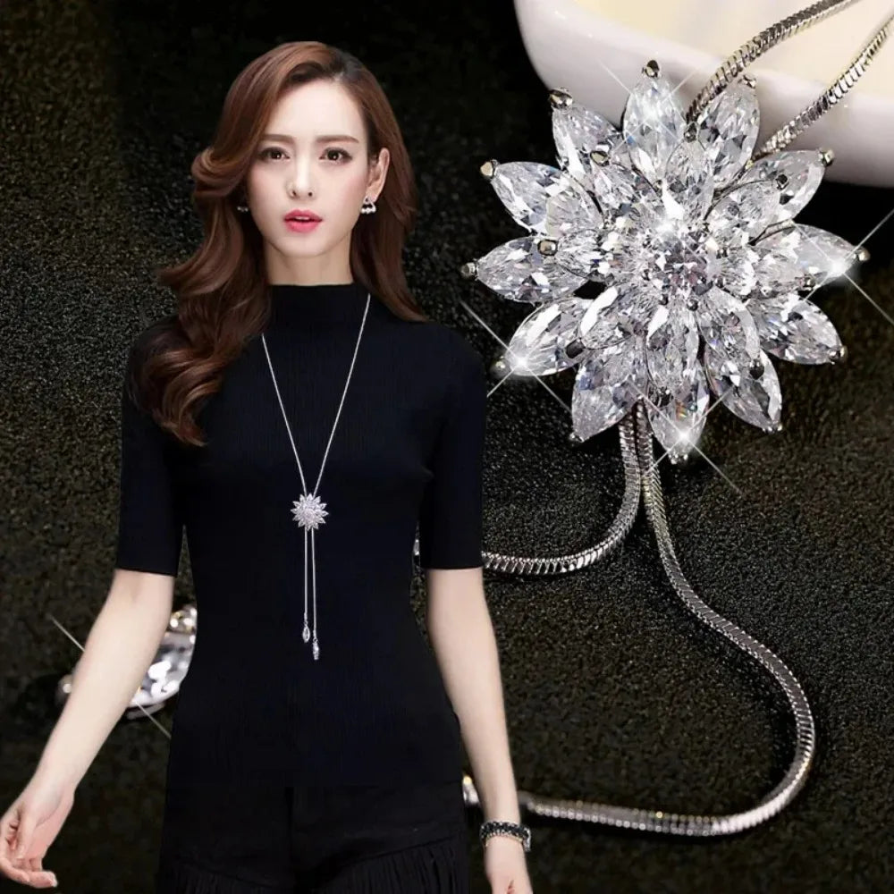 Women’s Choker Necklace with Silver-Tone Long Chain Pendant