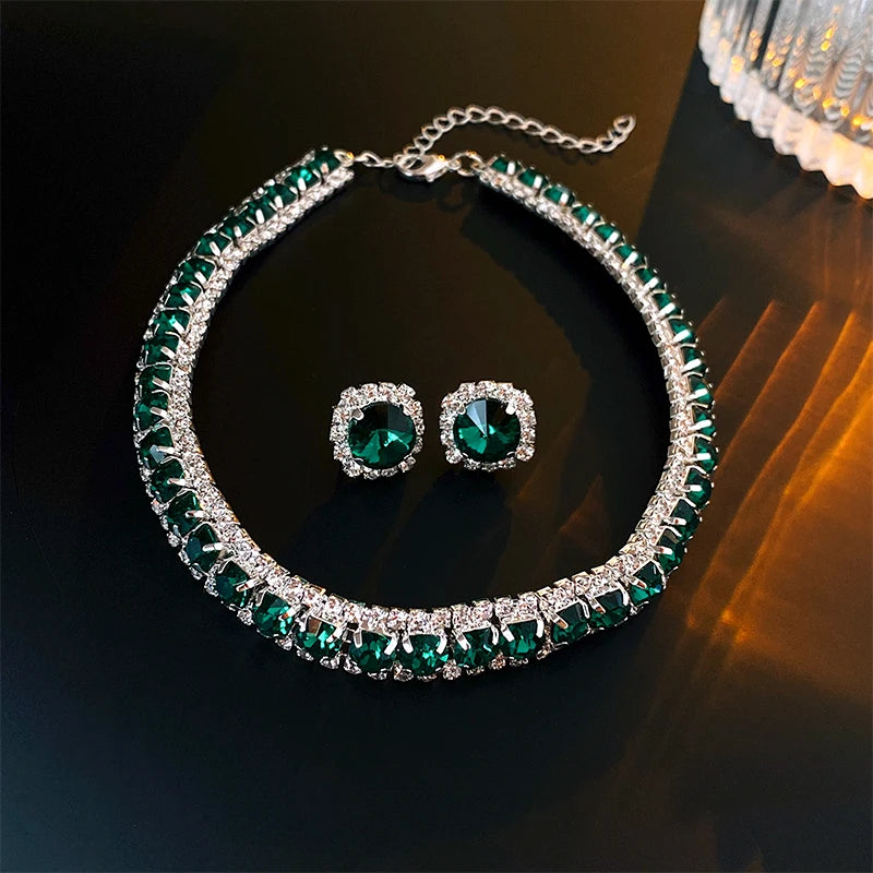 Women’s Luxury Green Crystal Choker Necklace & Stud Earrings Set – Wedding and Banquet Jewelry