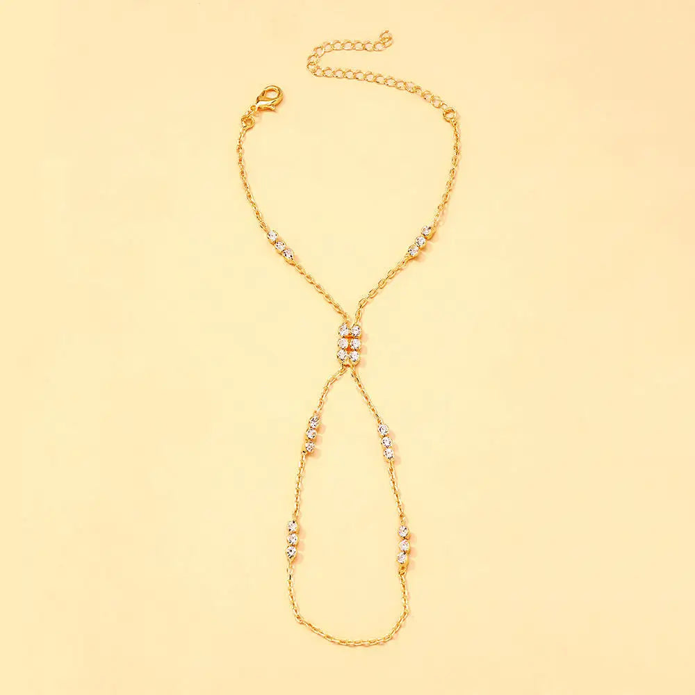 Women’s Vintage Gold-Tone Double-Layer Hand Chain Bracelet – Cubic Zirconia Ring Jewelry