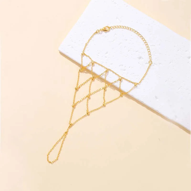 Women’s Bohemian Gold-Tone Mesh Hand Chain Bracelet – Rhinestone Beaded Ring Bracelet for Weddings