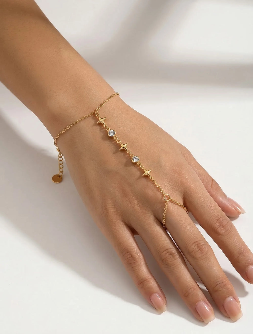 Women’s 18K Gold-Plated Zircon Ring Bracelet – Waterproof Stainless Steel Hand Chain Jewelry