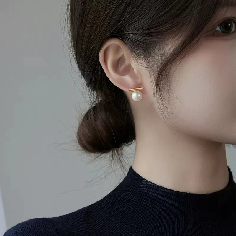 Women’s Pearl Stud Earrings – Elegant Gold-Tone Fashion Jewelry