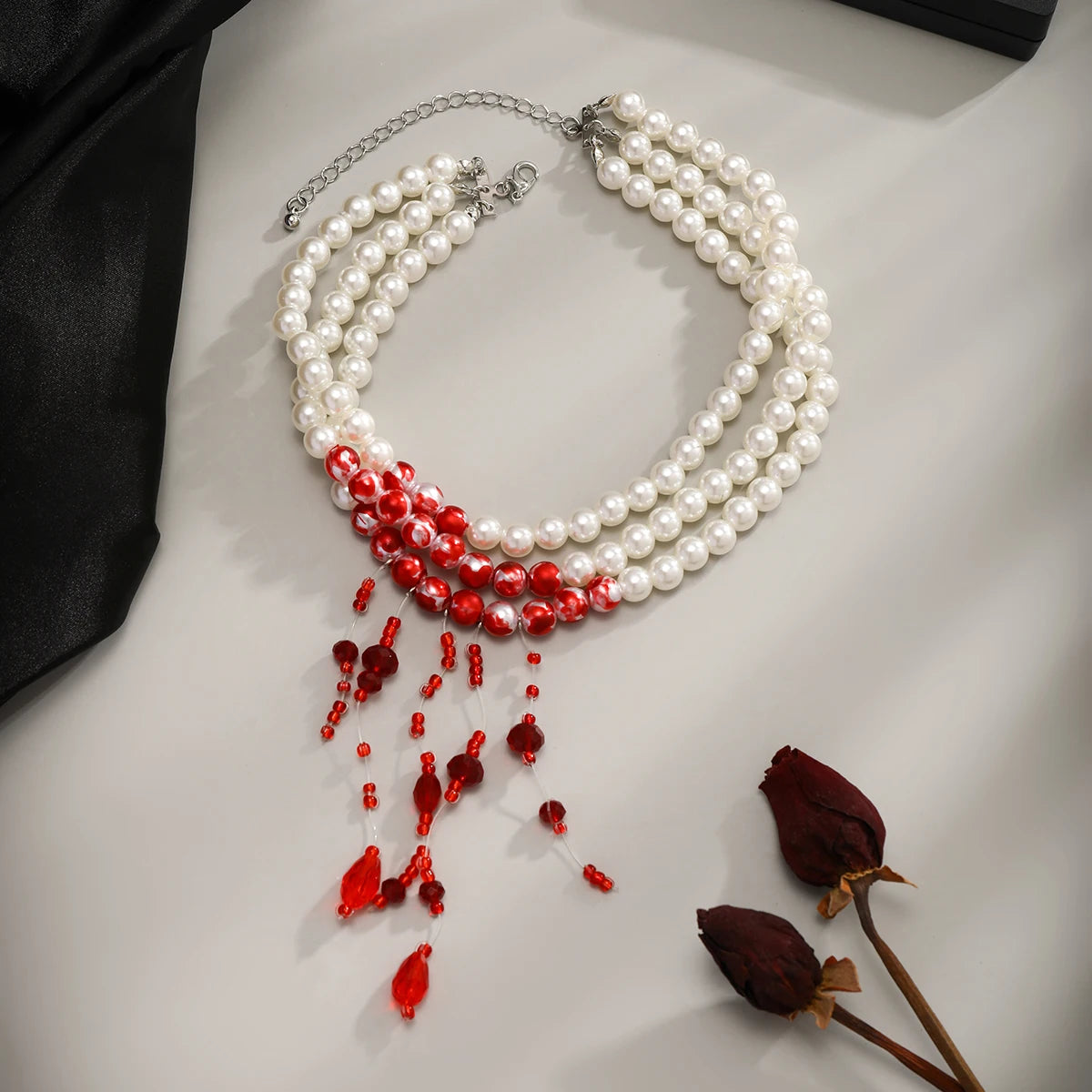 Vintage Gothic Red Crystal & Pearl Layered Necklace