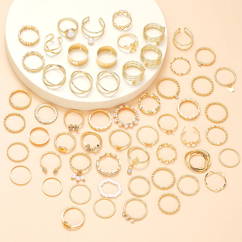 58-Piece Vintage Gold-Plated Ring Set for Women – Heart, Snake & Butterfly Designs