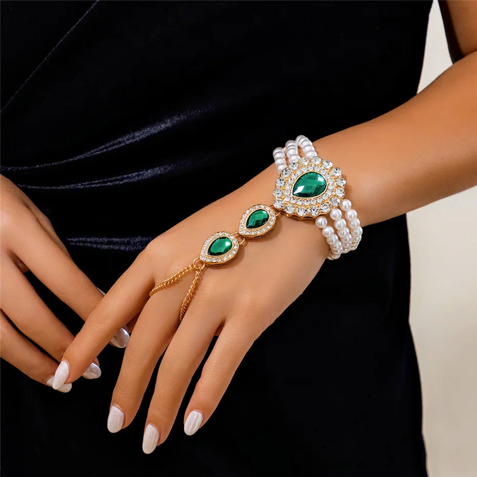 Elegant Layered Pearl Necklace & Bracelet Set with Teardrop Rhinestones for Women
