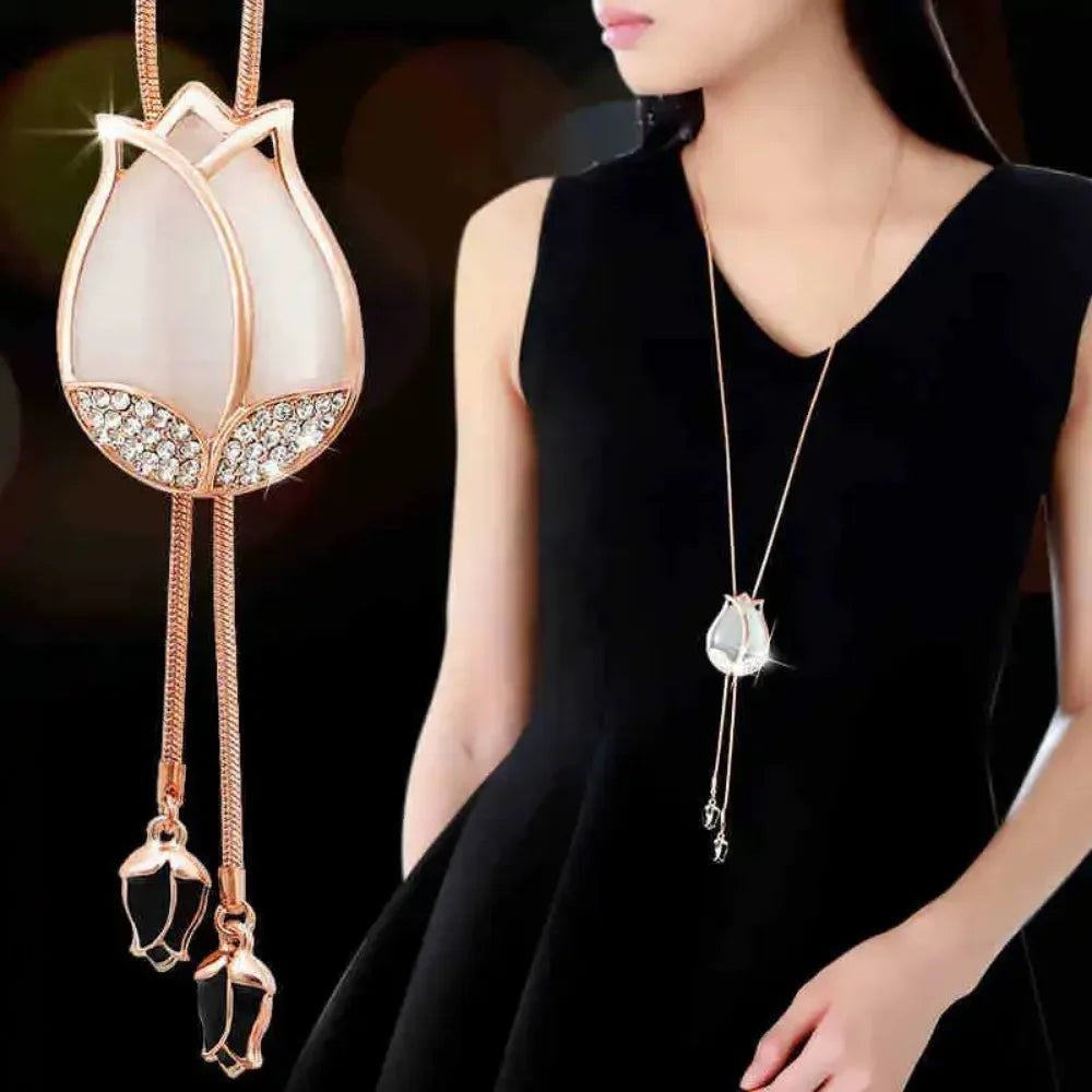 Women’s Choker Necklace with Silver-Tone Long Chain Pendant
