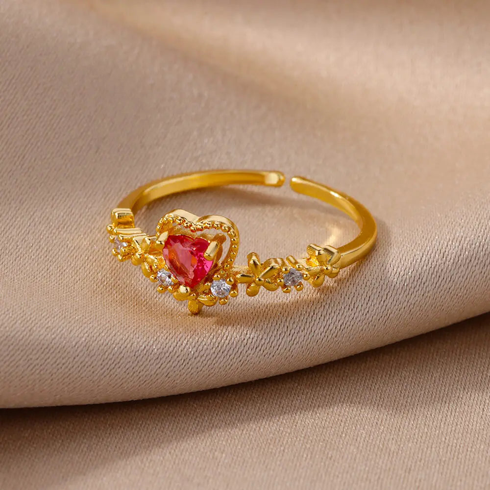 Women’s Adjustable Zircon Heart Ring – Elegant Stainless Steel Wedding Jewelry