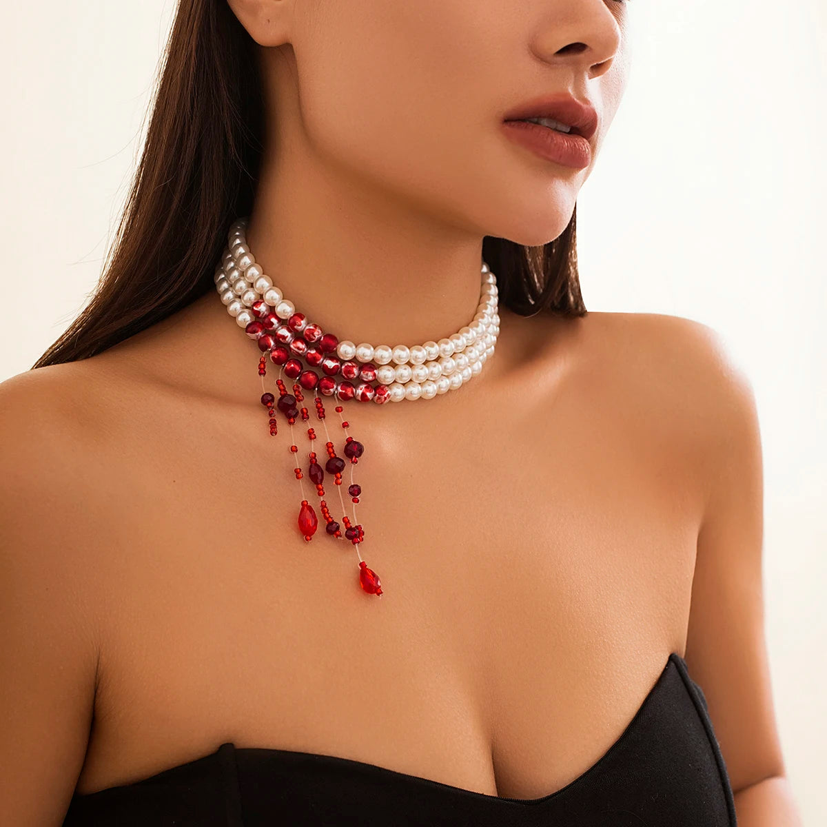 Vintage Gothic Red Crystal & Pearl Layered Necklace