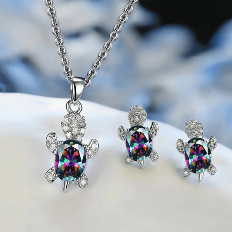 3-Piece Women’s Silver-Plated Turtle Necklace & Earrings Set – Multicolor Crystal Jewelry
