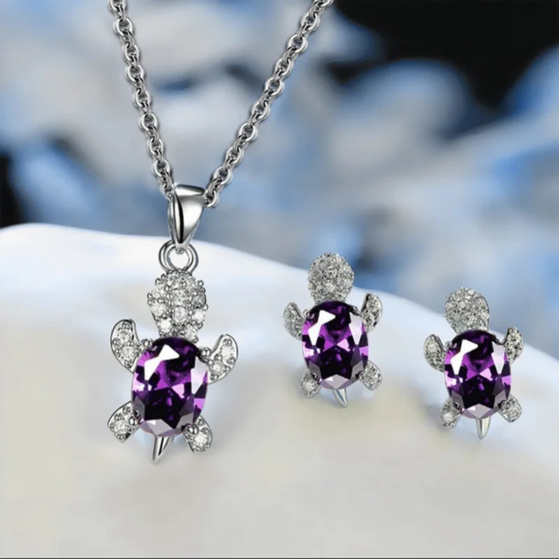 3-Piece Women’s Silver-Plated Turtle Necklace & Earrings Set – Multicolor Crystal Jewelry