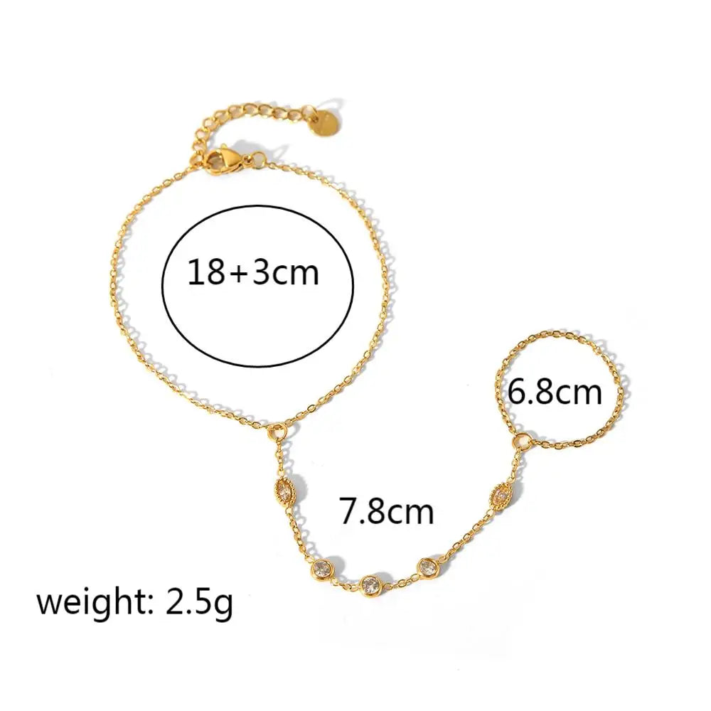Women’s 18K Gold-Plated Zircon Ring Bracelet – Waterproof Stainless Steel Hand Chain Jewelry