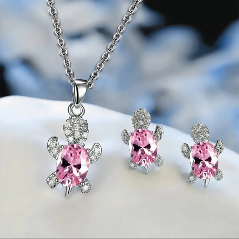 3-Piece Women’s Silver-Plated Turtle Necklace & Earrings Set – Multicolor Crystal Jewelry