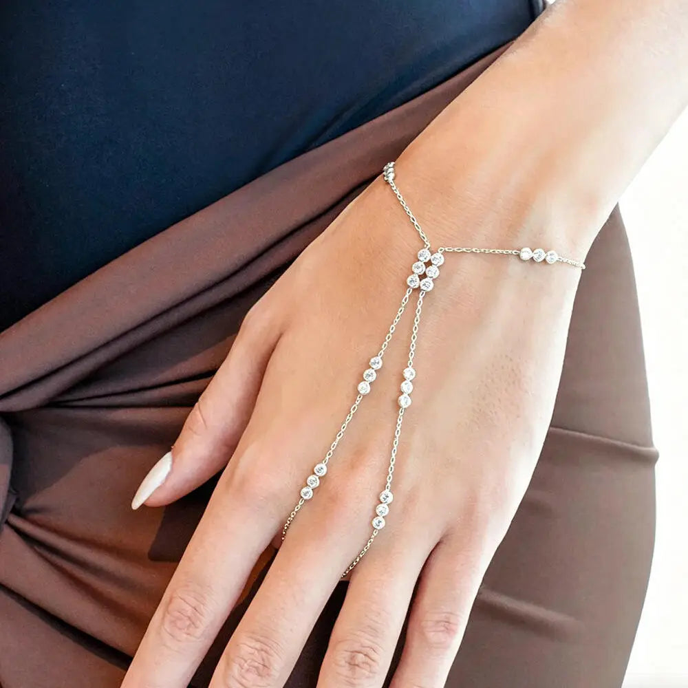 Women’s Vintage Gold-Tone Double-Layer Hand Chain Bracelet – Cubic Zirconia Ring Jewelry