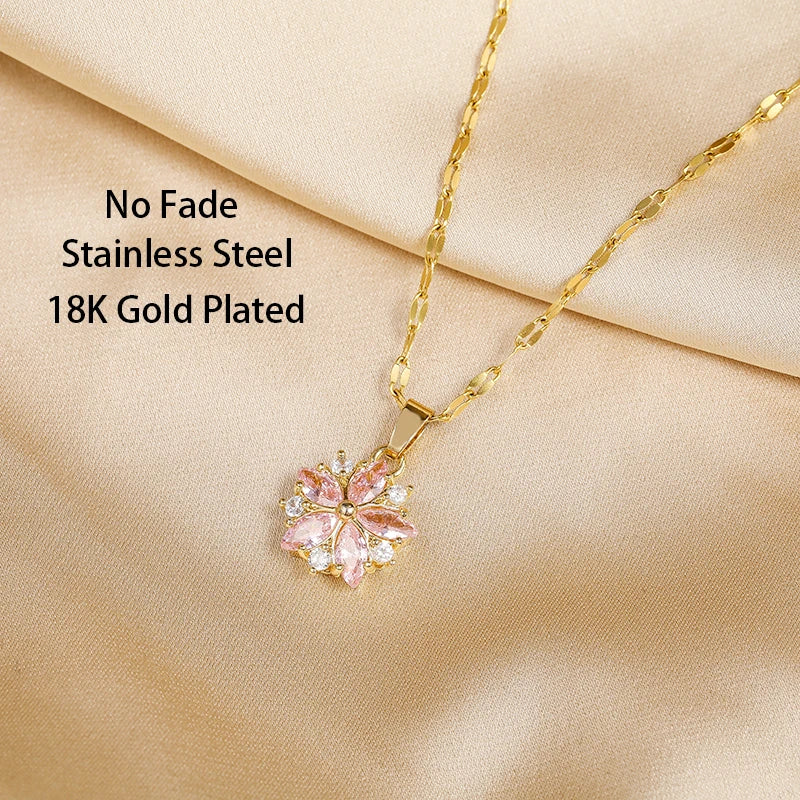 Women’s Pink Sakura Flower Pendant Necklace – Romantic Korean-Style Jewelry Gift
