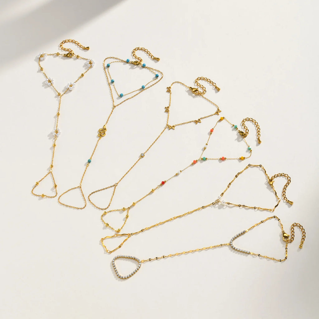 Women’s 18K Gold-Plated Ring Bracelet Hand Chain – Waterproof Beaded Bohemian Jewelry