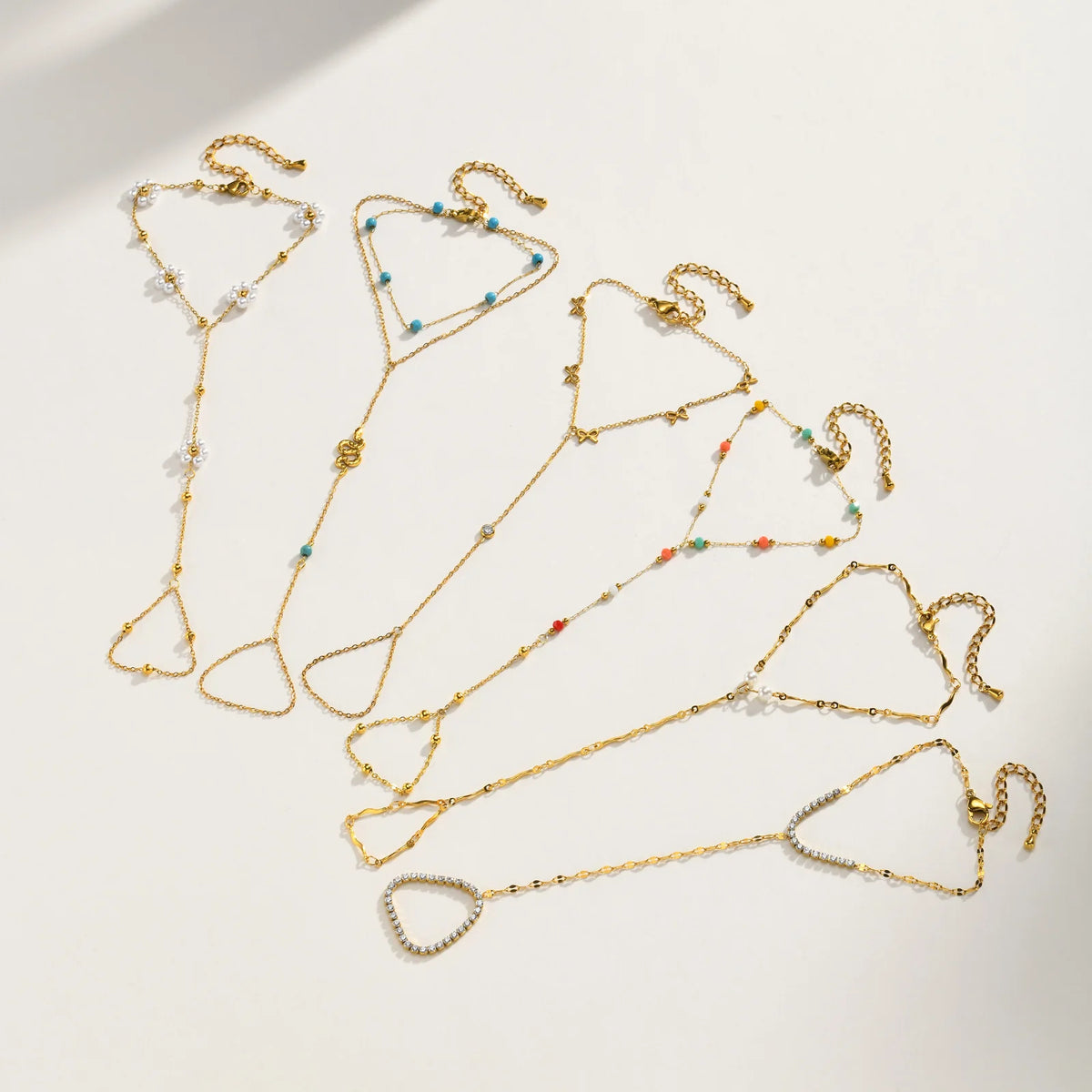 Women’s 18K Gold-Plated Ring Bracelet Hand Chain – Waterproof Beaded Bohemian Jewelry