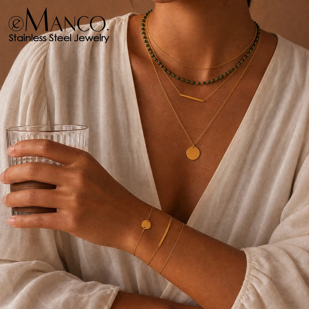 Green Beaded Layered Necklace Set with Disc & Bar Pendants – Gold-Tone Stainless Steel