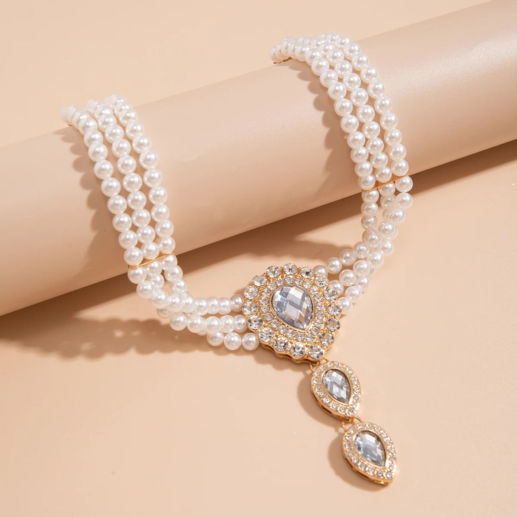 Elegant Layered Pearl Necklace & Bracelet Set with Teardrop Rhinestones for Women