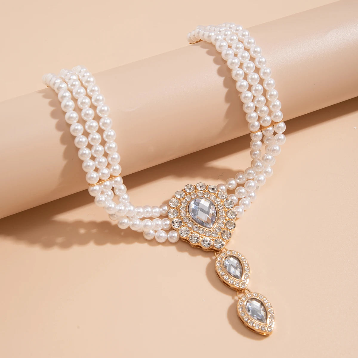 Elegant Layered Pearl Necklace & Bracelet Set with Teardrop Rhinestones for Women
