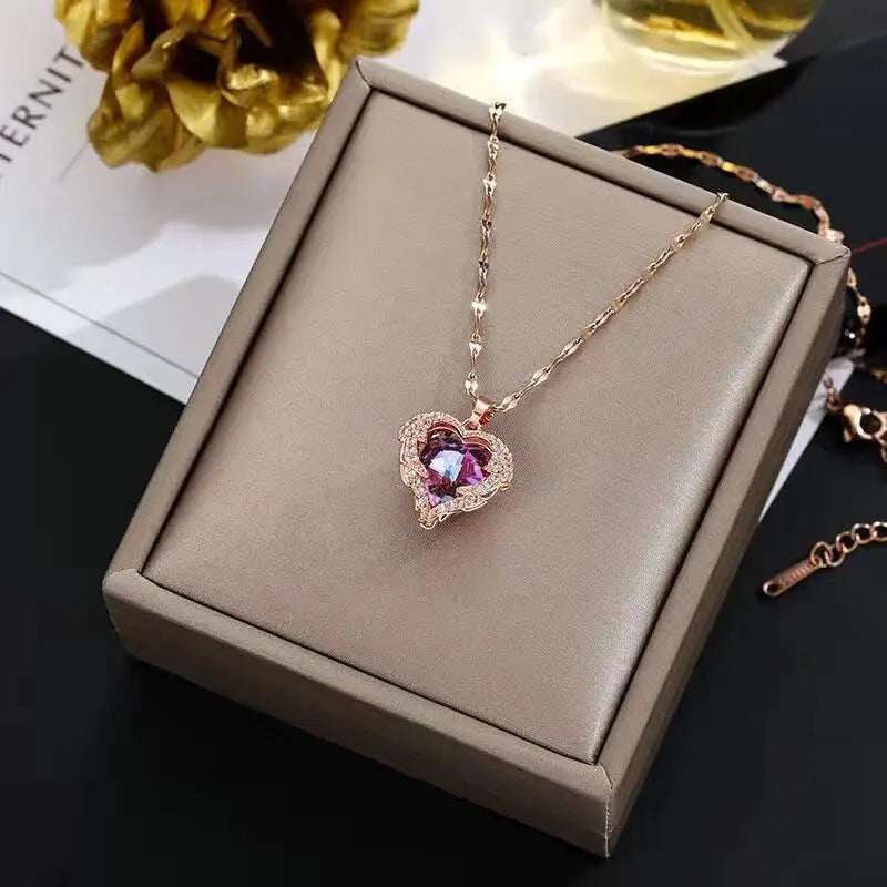 Colorful Crystal Ocean Heart Pendant Necklace for Women