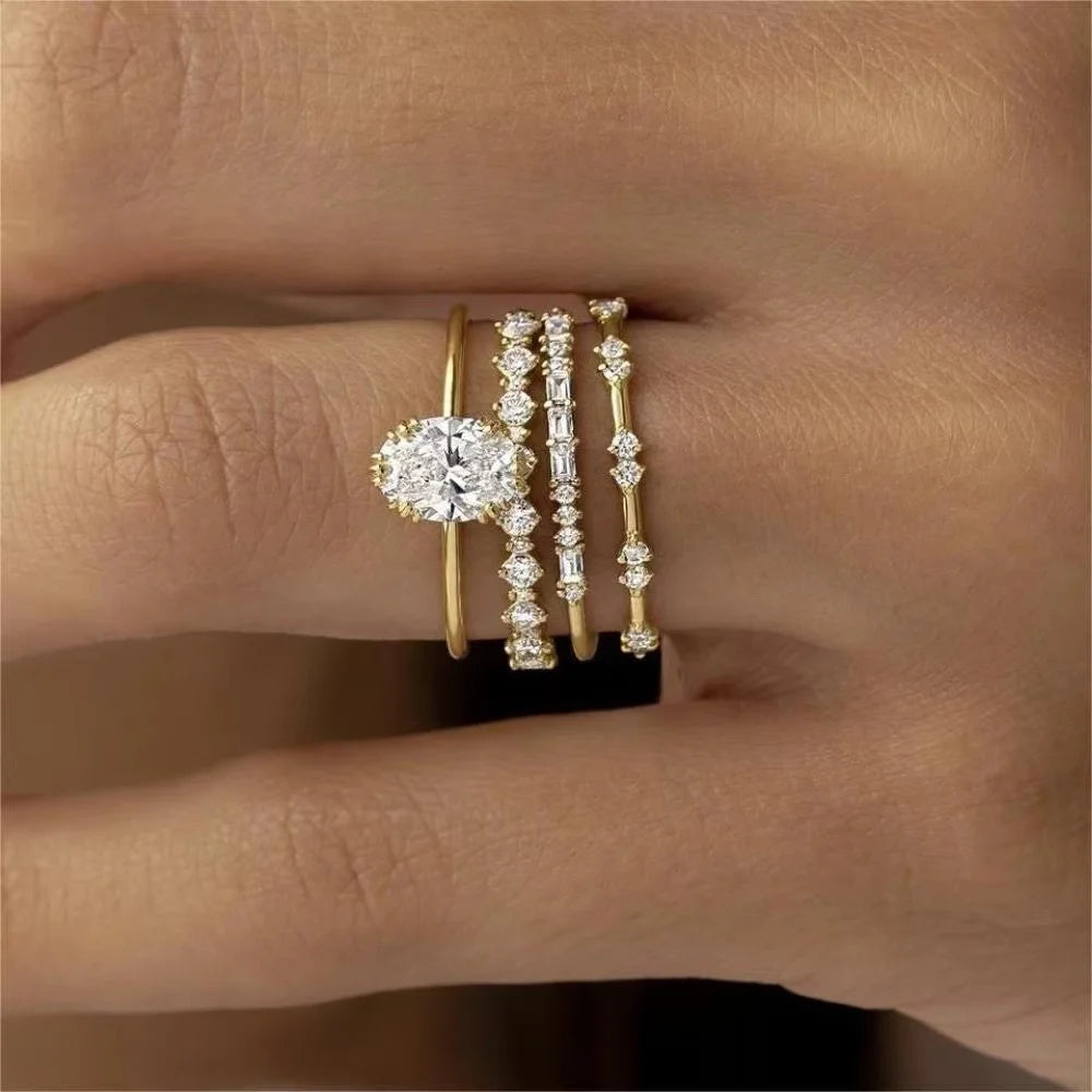 Women’s Gold-Plated Statement Ring Set with Large Cubic Zirconia – Elegant Copper Jewelry