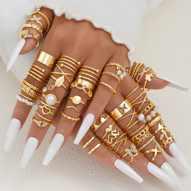 58-Piece Vintage Gold-Plated Ring Set for Women – Heart, Snake & Butterfly Designs