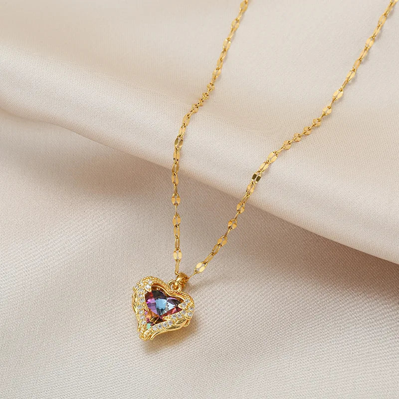 Colorful Crystal Ocean Heart Pendant Necklace for Women