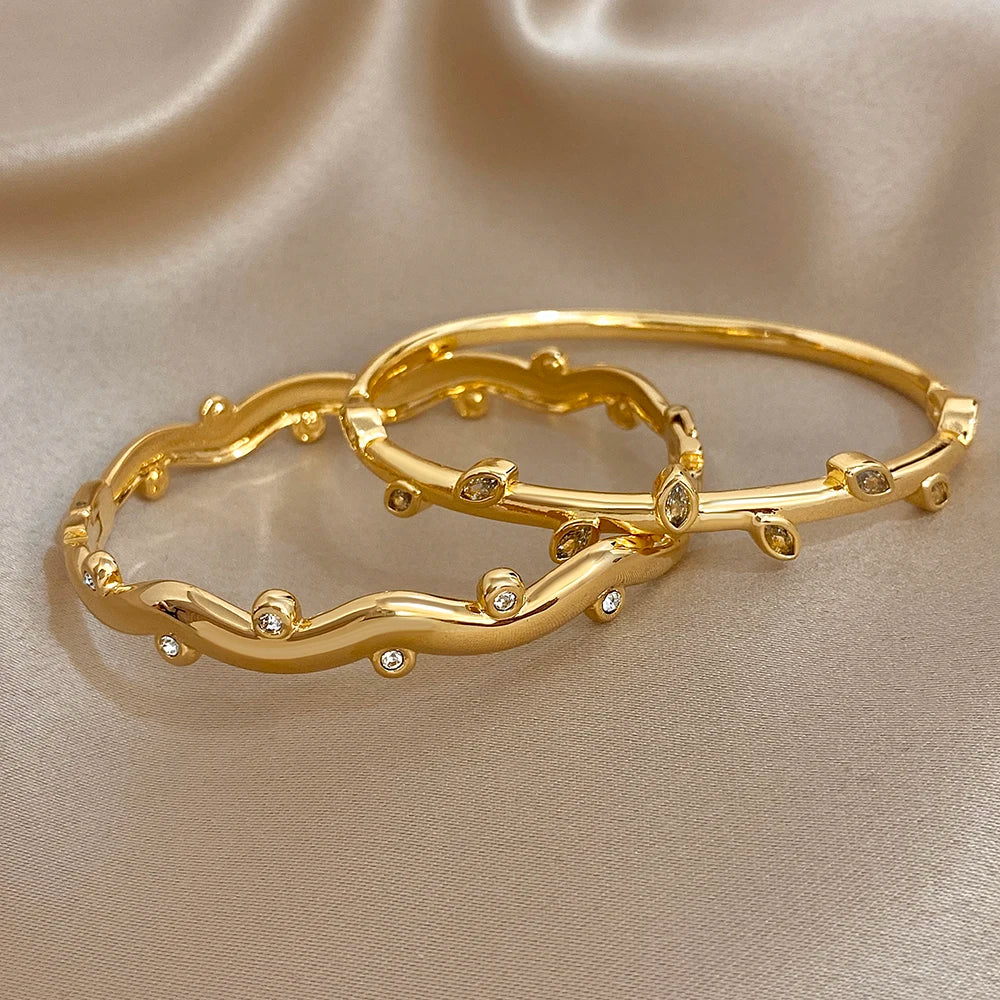 Women’s 18K Gold-Plated Rhinestone Leaf Wave Cuff Bracelet – Water-Resistant Jewelry