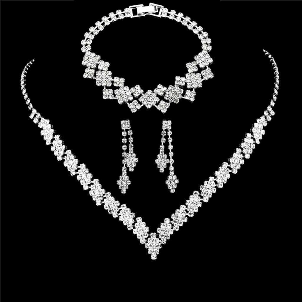 Women’s Silver-Plated Rhinestone Tassel Necklace & Earrings Set – Elegant Bridal Wedding Jewelry