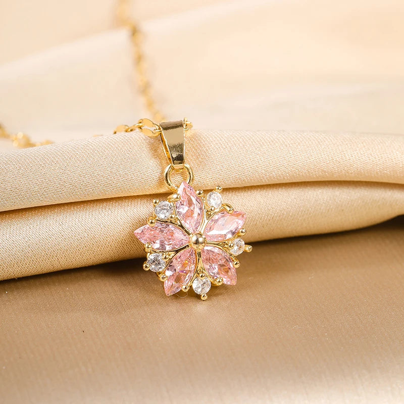 Women’s Pink Sakura Flower Pendant Necklace – Romantic Korean-Style Jewelry Gift