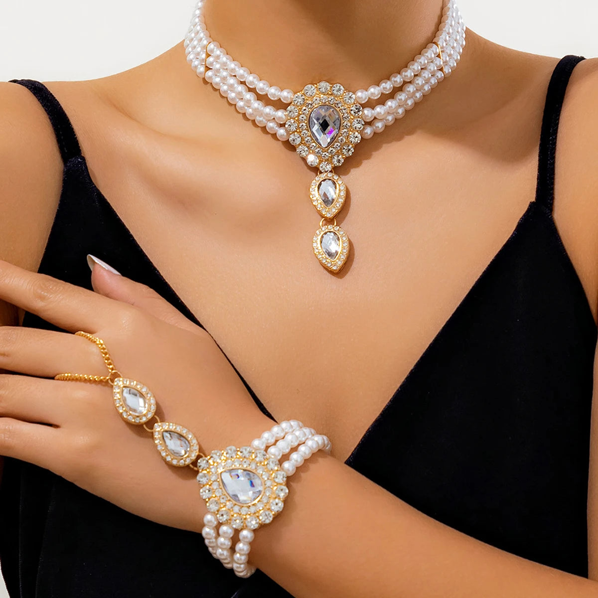 Elegant Layered Pearl Necklace & Bracelet Set with Teardrop Rhinestones for Women