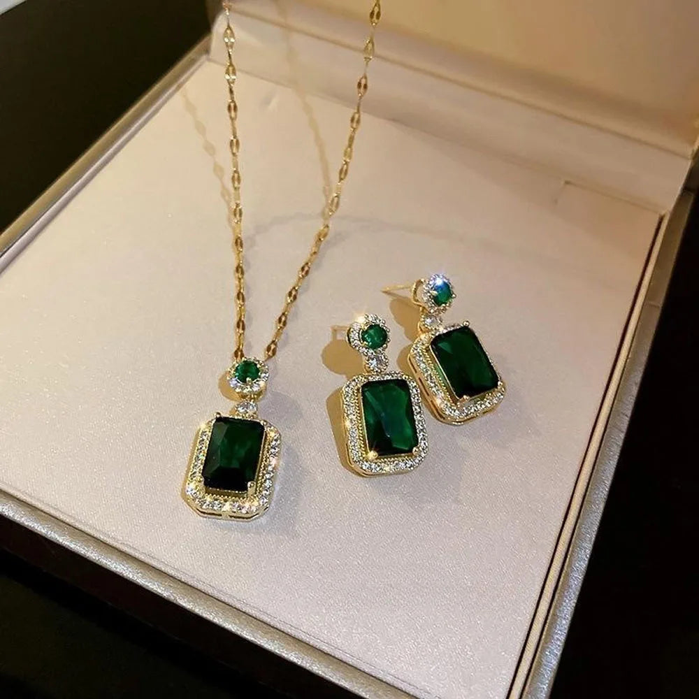 4-Piece Women’s Square Rhinestone Jewelry Set – Necklace, Earrings & Ring for Bridal Weddings